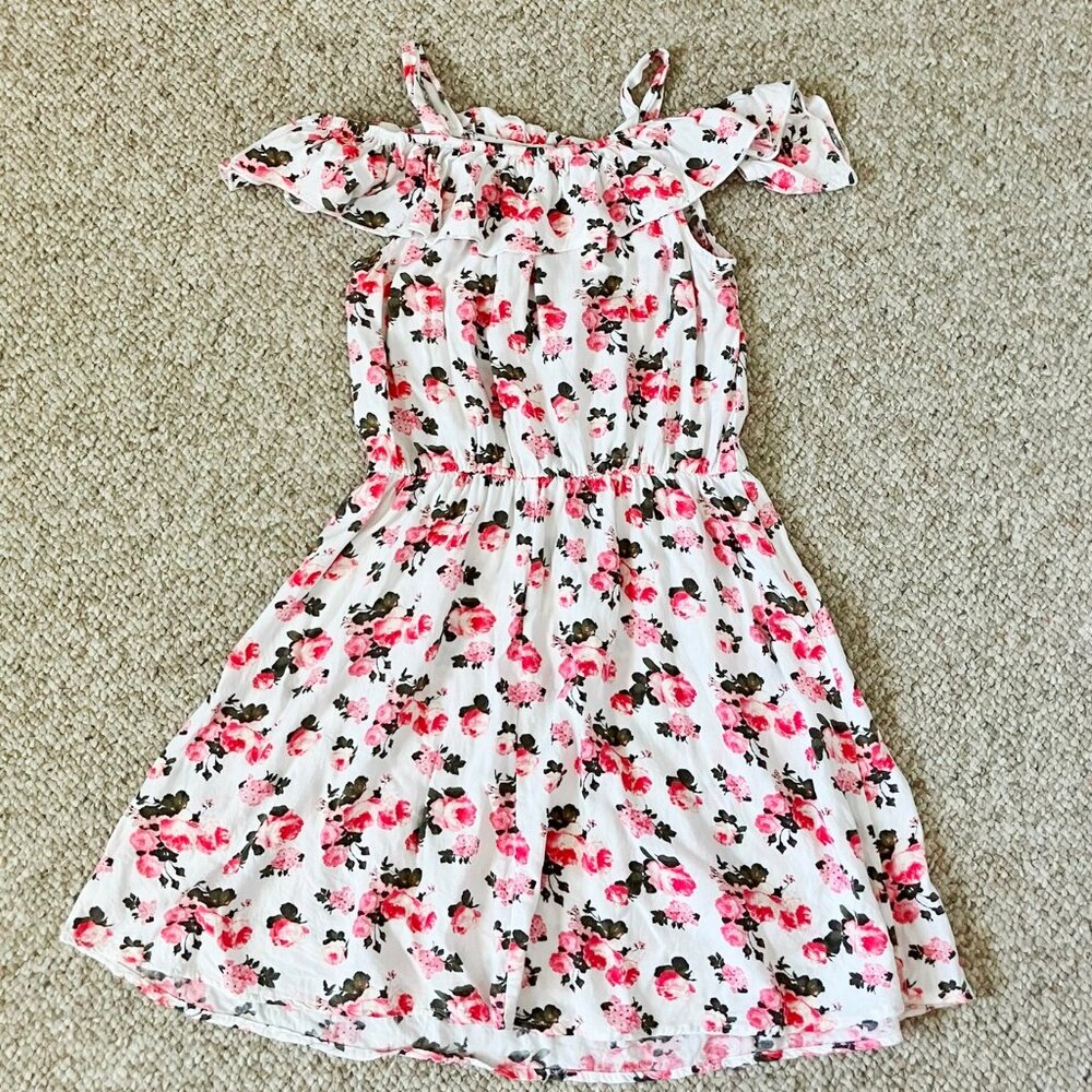 Lily Bleu White Floral Pink Rose Flared Summer Dress Girls 12
